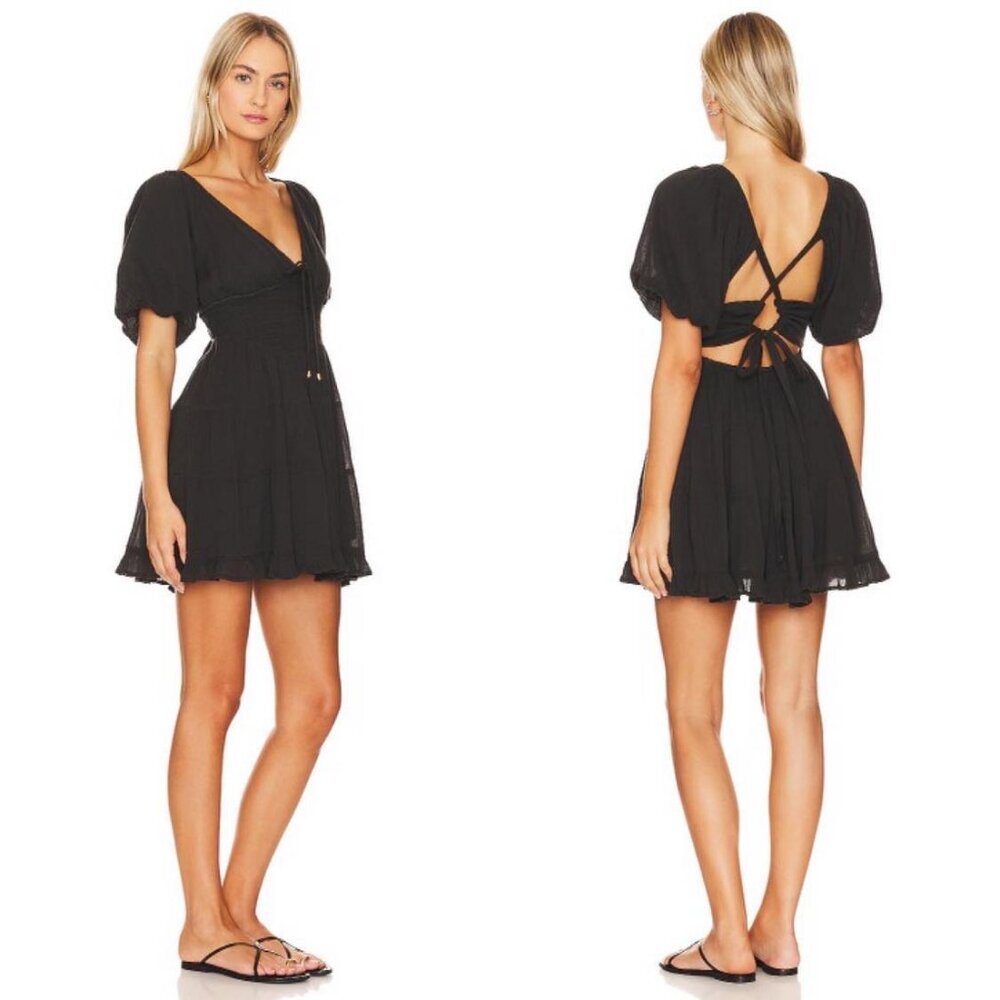 New FREE PEOPLE Perfect Day Black Boho Mini Dress Puff Sleeve Wrap Tie Back S
